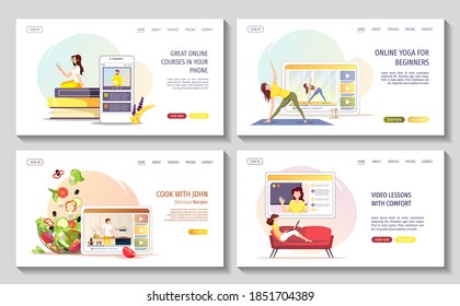 Set of web pages with video tutorials or lessons. Studying, Online training, Online yoga, e-learning courses,  vlog, food blog concept. Vector illustration for poster, banner, advertising.