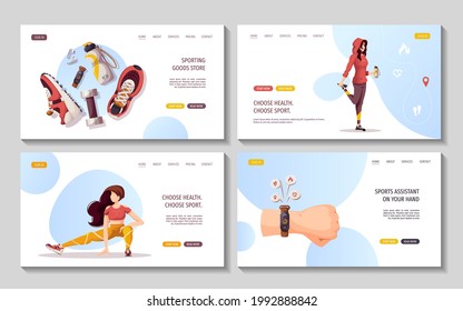 Conjunto de páginas web con mujeres entrenando en fitness. Deporte, entrenamiento, estilo de vida saludable, Gimnasio, Fitness, Entrenamiento, concepto de artilugios deportivos. Ilustración vectorial para afiches, banner, publicidad, sitio web.