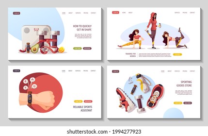 Set of web pages with women doing fitness training. Sport, Workout, Healthy lifestyle, Gym, Fitness, Training, Sports gadget concept. Vector illustration for poster, banner, advertising, website.