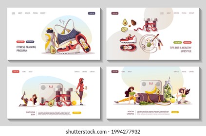 Set of web pages with women doing fitness training. Sport, Workout, Healthy lifestyle, Gym, Fitness, Training, Yoga, natural food concept. Vector illustration for poster, banner, advertising, website.