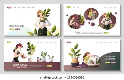 Set of web pages with women taking care of houseplants. Home garden, greenhouse, gardening, plant lover, houseplant store concept. Vector illustration for poster, banner, website.