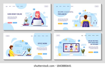Conjunto de páginas web para trabajo en casa, freelance, oficina en el hogar, trabajo a distancia, educación en línea, aprendizaje electrónico, videoconferencia. Ilustraciones vectoriales para afiches, banner, sitio web, comercial.