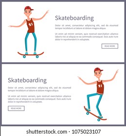 Set of web posters push button read more, teenagers skateboarders in red shirts with 21 of June number, symbols of go skateboarding day