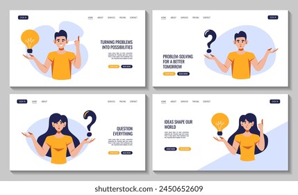 Set of web rages with people with question icon and bulb icon. Vector illustration for banner, website. Decision, support, problem solution, idea, communication concept.