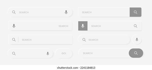 Set of web search bars. Search bar, search boxes collection. Computer searched navigator. Set of elements for design interface of website, mobile app, UI UX.
