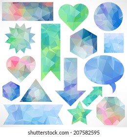 Set of web shapes or buttons with abstract triangles on background