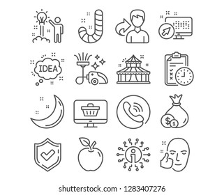 Set of Web shop, Exam time and Candy icons. Vacuum cleaner, Creative idea and Idea signs. Circus, Healthy face and Cash symbols. Shopping cart, Checklist, Lollypop. Vector