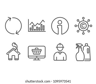 Set of Web shop, Infochart and Refresh icons. Copywriting network, Engineer and Shampoo and spray signs. Shopping cart, Stock exchange, Rotation. Content networking, Worker profile, Washing liquids