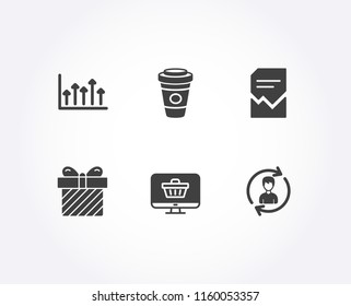 Set of Web shop, Surprise and Takeaway coffee icons. Growth chart, Corrupted file and Human resources signs. Shopping cart, Present with bow, Hot latte drink. Vector