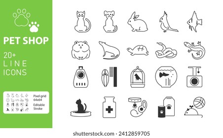A set of web signs with a thin line. Pet shop, logo, species of pets, accessories, care. 64х64 Pixel grid. Editable stroke.
