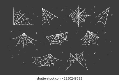 Set of web silhouettes in isolated black background. Spider web collection for halloween. Halloween spider web. Black and white illustration of elements for decor for the celebration of Halloween.