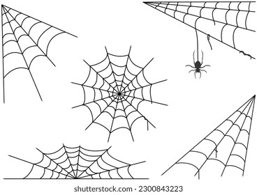 Set of web silhouettes. Spider web collection for halloween. Black and white illustration of elements spider web