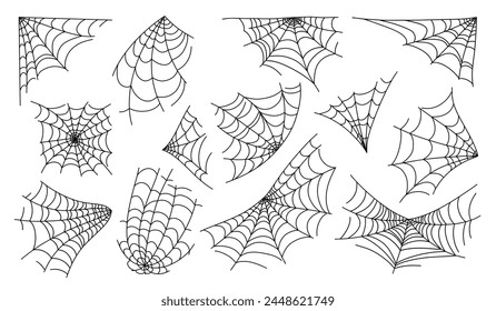 Conjunto de Web simple dibujado a mano contorno de Vector ilustración doodle fantasía. Halloween Elementos de decoración de miedo, Clipart, perfecto para la fiesta de Halloween, personaje de dibujos animados espeluznante. Vector gráfico en estilo doodle