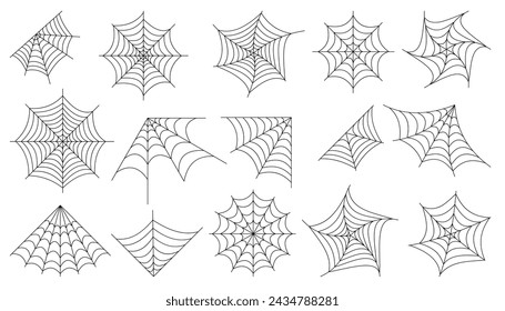 Conjunto de Web Spider Iconos de telaraña, telarañas de Halloween, elementos de miedo para la decoración. Una tela de araña dibujada a mano o una tela con una araña colgante. Ilustración vectorial aislada sobre fondo blanco