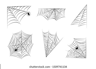 Set Web spider cobweb and spiders icon. Six Vector drawing for Halloween.