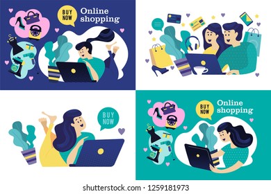 A set of web store flyer templates. Modern design concept of flat web pages on website and mobile website. People with a computer make purchases in the online store. Vector illustration.
