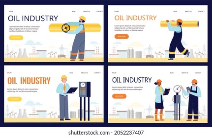 Set von Web-Vorlagen mit Illustrationen von Mitarbeitern der Ölindustrie bei der Arbeit. Vektorflache Illustration für die Schnittstelle mit Zeichentrickfiguren von Fabrikangestellten. UI-Konzept.