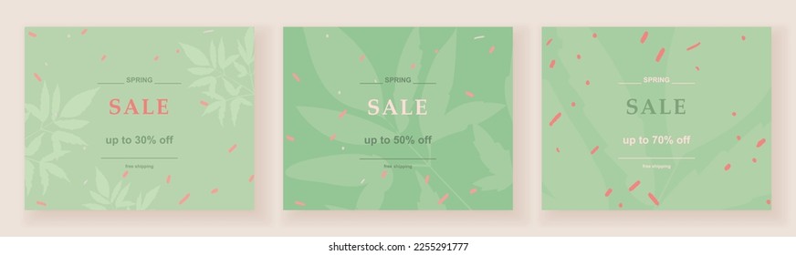Set of web templates for spring sale. Vector illustration in pastel green colors with botanical and abstract elements.