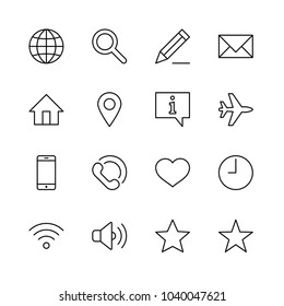 Conjunto de iconos de línea de vectores web. Contiene iconos como Globe, Wi-fi, Home, Heart, Phone, Pencil, Time Clock, Star y más. Trazo editable. Perfecto para 32 x 32 píxeles