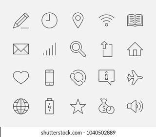 Set of Web Vector Line Icons. Contains such Icons as Globe, Wi-fi, Home, Heart, Phone, Pencil, Time Clock, Star and more. Editable Stroke. 32x32 Pixel Perfect
