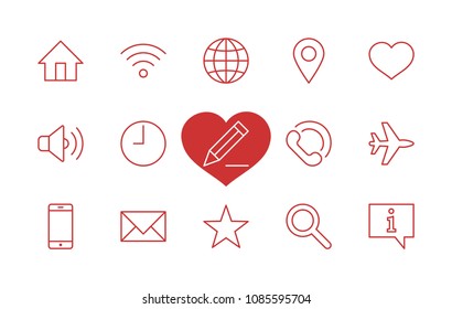 Set of Web Vector Line Icons. Contains such Icons as Globe, Wi-fi, Home, Heart, Phone, Pencil, Time Clock, Star and more. Editable Stroke. 32x32 Pixel Perfect