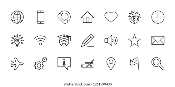 Set of Web Vector Line Icons. Contains such Icons as Globe, Wi-fi, Home, Heart, Phone, Pencil, Time Clock, Star and more. Editable Stroke. 32x32 Pixel Perfect