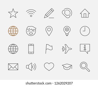 Set of Web Vector Line Icons. Contains such Icons as Globe, Wi-fi, Home, Heart, Phone, Pencil, Time Clock, Star and more. Editable Stroke. 32x32 Pixel Perfect