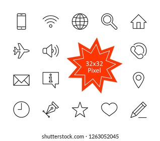 Set of Web Vector Line Icons. Contains such Icons as Globe, Wi-fi, Home, Heart, Phone, Pencil, Time Clock, Star and more. Editable Stroke. 32x32 Pixel Perfect