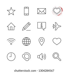 Set of Web Vector Line Icons. Contains such Icons as Globe, Wi-fi, Home, Heart, Phone, Pencil, Time Clock, Star and more. Editable Stroke. 32x32 Pixel Perfect