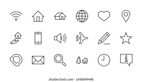 Set of Web Vector Line Icons. Contains such Icons as Globe, Wi-fi, Home, Heart, Phone, Pencil, Time Clock, Star and more. Editable Stroke. 32x32 Pixel Perfect