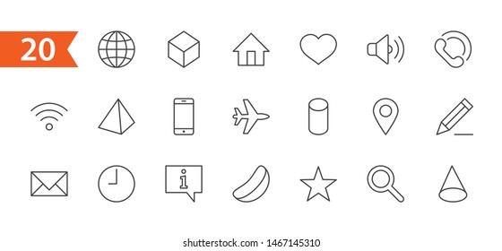 Set of Web Vector Line Icons. Contains such Icons as Globe, Wi-fi, Home, Heart, Phone, Pencil, Time Clock, Star and more. Editable Stroke. 32x32 Pixel Perfect