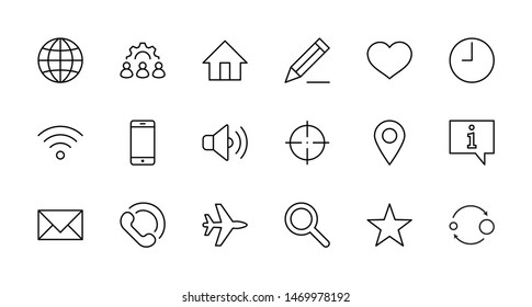 Set of Web Vector Line Icons. Contains such Icons as Globe, Wi-fi, Home, Heart, Phone, Pencil, Time Clock, Star and more. Editable Stroke. 32x32 Pixel Perfect