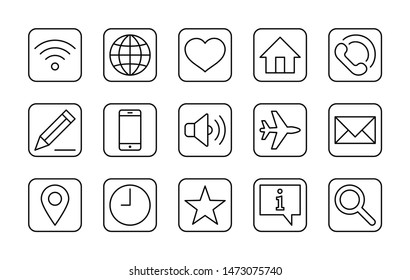Set of Web Vector Line Icons. Contains such Icons as Globe, Wi-fi, Home, Heart, Phone, Pencil, Time Clock, Star and more. Editable Stroke. 32x32 Pixel Perfect