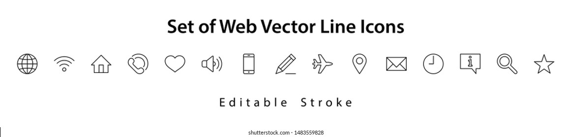 Set of Web Vector Line Icons. Contains such Icons as Globe, Wi-fi, Home, Heart, Phone, Pencil, Time Clock, Star and more. Editable Stroke. 32x32 Pixel Perfect
