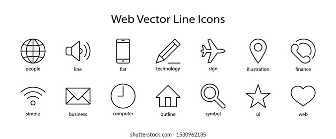 Set of Web Vector Line Icons. Contains such Icons as Globe, Wi-fi, Home, Heart, Phone, Pencil, Time Clock, Star and more. Editable Stroke. 32x32 Pixel Perfect