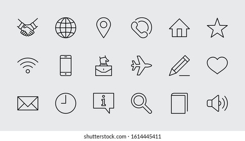 Set of Web Vector Line Icons. Contains such Icons as Globe, Wi-fi, Home, Heart, Phone, Pencil, Time Clock, Star and more. Editable Stroke. 32x32 Pixel Perfect