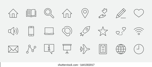 Set of Web Vector Line Icons. Contains such Icons as Globe, Wi-fi, Home, Heart, Phone, Pencil, Time Clock, Star and more. Editable Stroke. 32x32 Pixels