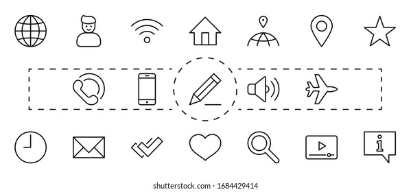 Set of Web Vector Line Icons. Contains such Icons as Globe, Wi-fi, Home, Heart, Phone, Pencil, Time Clock, Star and more. Editable Stroke. 32x32 Pixels