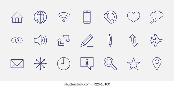 Set of Web Vector Line Icons. Contains such Icons as Globe, Wi-fi, Home, Heart, Phone, Pencil, Time Clock, Star and more. Editable Stroke. 32x32 Pixel Perfect