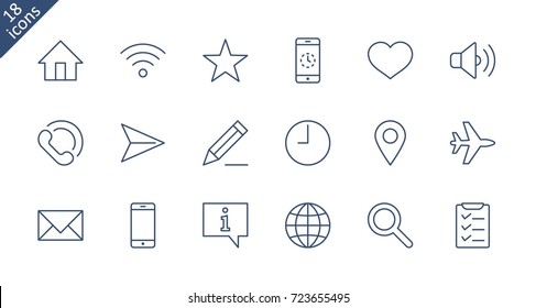 Set Of Web Vector Line Icons. Contains Such Icons As Globe, Wi-fi, Home, Heart, Phone, Pencil, Time Clock, Star And More. Editable Stroke. 32x32 Pixel Perfect