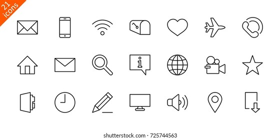 Set Of Web Vector Line Icons. Contains Such Icons As Globe, Wi-fi, Home, Heart, Phone, Pencil, Time Clock, Star And More. Editable Stroke. 