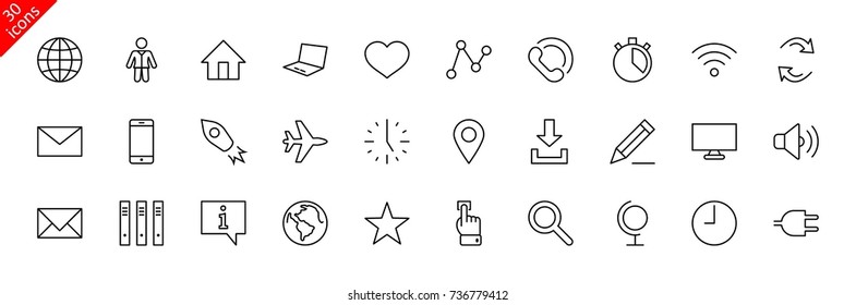 Set of Web Vector Line Icons. Contains such Icons as Globe, Wi-fi, Home, Heart, Phone, Pencil, Time Clock, Star and more. Editable Stroke. 32x32 Pixel Perfect