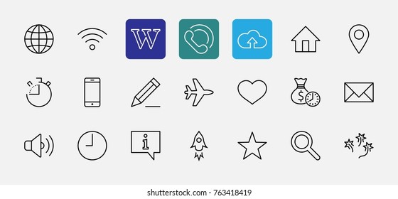 Set of Web Vector Line Icons. Contains such Icons as Globe, Wi-fi, Home, Heart, Phone, Pencil, Time Clock, Star and more. Editable Stroke. 32x32 Pixel Perfect
