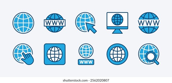 Set of web, website, cyberspace, internet icon. Globe, earth, world, global icon symbol. Containing click arrow, searching, browser, button, site, page, blog, homepage, network. Vector illustration