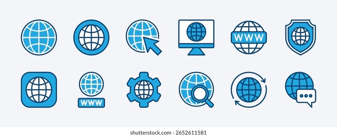 Webset, Website-Symbol. Enthält Globus, klicken Sie auf Kontaktadresse, Page-Taste, www, Suche, Internet-Einstellungen, Schild Sicherheit Schutz, Medien Social, Netzwerk, online. Vektorgrafik