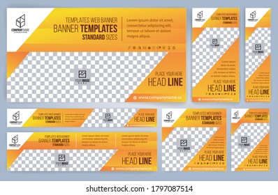 Set of Web yellow banners templates, Standard sizes with space. Vector illustration