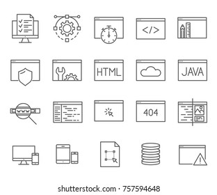 Set of web-development Related Vector Line Icons. Includes such Icons as internet technologies, programming languages, code and etc.