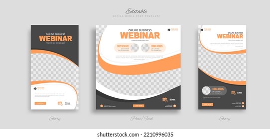 Set webinar business social media post and story template with orange black and white color background for ads promotions