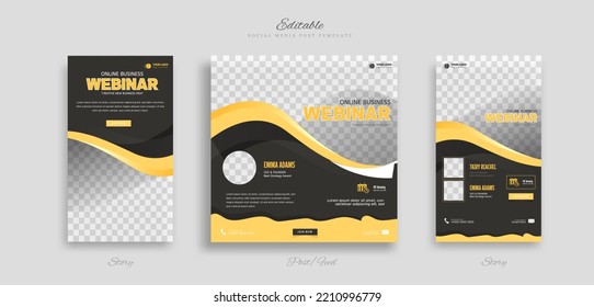 Set webinar business social media post and story template with yellow black and white color background for ads promotions