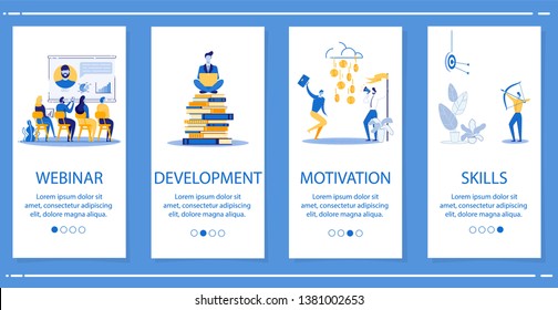 Set Webinar, Development, Motivation, Skills. Employees Apply their Knowledge to Achieve Financial Goals. Vector Illustration Landing Page. Successful People Share Experience and Knowledge.